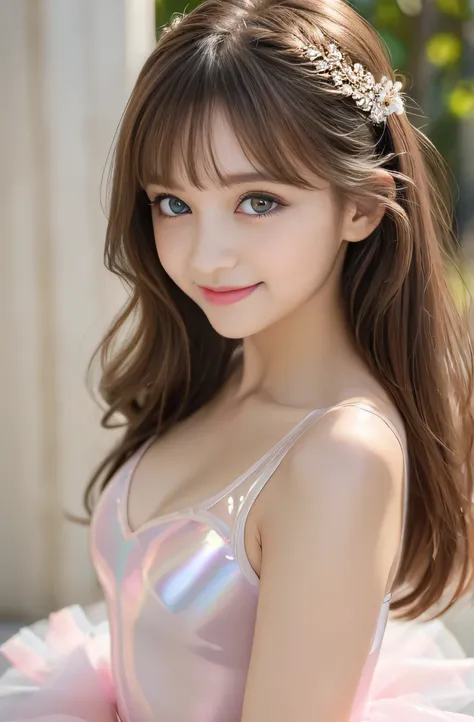 Angelic Very pretty cute young girl, 
very beautiful girl,
(V-line jaw),
Beautiful detailed brown eyes, (clear-eyed:1.3),
small straight nose,small mouth,
Detailed double eyelids, 
(Large eyes:1.3), 
Long straight brown hair, 
see-through bangs, 
beautiful...