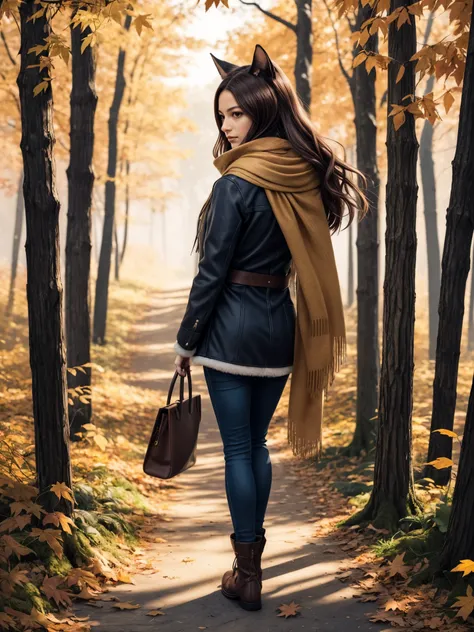 catgirl, autumn_forest, walking, scarf, ears, tail, leaves_falling, cozy, warm_colors, hyper_realistic, ultra_high_resolution, Latina, Italian, girl, hazel_eyes, full_body, profile_view, outdoors, maximum_detail, lifelike_quality, (looking at viewer:1.2), 