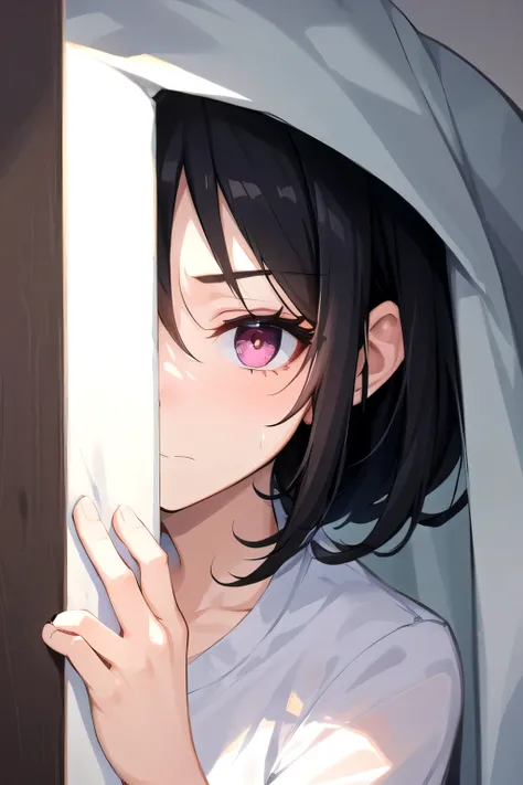 A girl with short messy black hair and pink eyes, wearing casual clothes hiding herself inside a white cloth and with a facial expression.