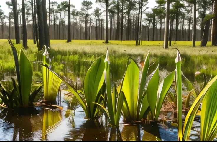 Pitcher plants in a bog under full sunlight.