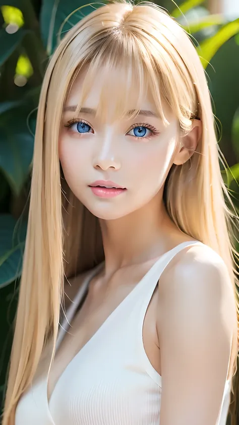 True Photo Quality、Extraordinary sexy beauty、Beautiful calm and bright expression、Sexy refreshing look、Long bangs that fall on a perfect beautiful cute face、Super long platinum blonde straight silky hair、blonde on a beautiful face、Very cute beautiful sexy ...
