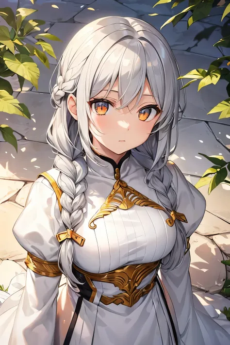 highest quality, masterpiece,gray hair, golden eyes,white clothes, look up, upper body,hair,fair skin,side braid