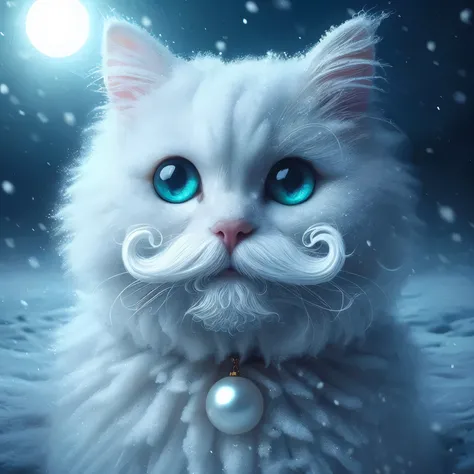 A extremally cute white frosty cat with curly white mustache and goatee, blue-green mother of pearl eyes, deep in the frosty snow of winter, blowing snow, snowy haze, a full moon, a deep river, and a mysterious image. Its night but its bright. frosty looki...