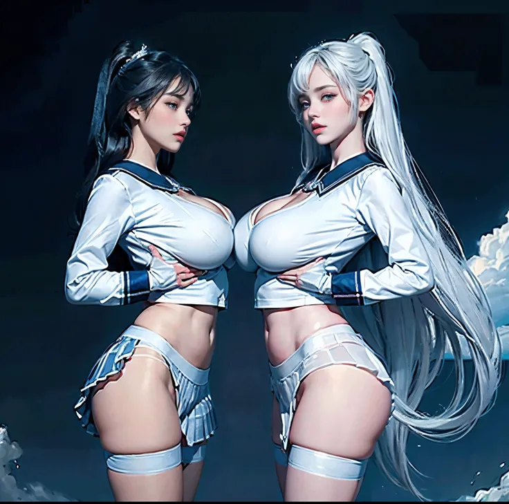 Highest quality, 8K quality, Masterpiece, Two busty women standing side by side, (Super big breasts compressed by clothes:1.2), Whitening skin, Sparkling Blue Eyes, Sailor collar uniform, Pleated skirt, Above the knee, Skirtliftv1, (Super big breasts empha...