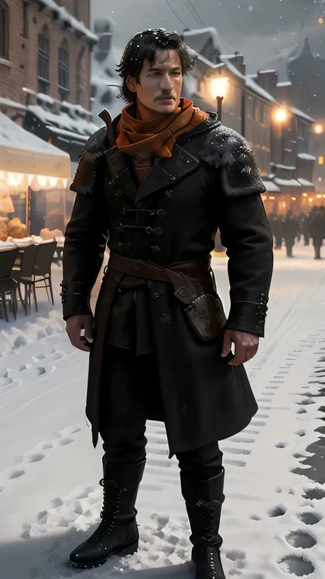 frostpunk, (pedro pascal) as oberyn martell, black coat, orange scarf, boots, standing, in a medival city, cold, winter, snow, g...