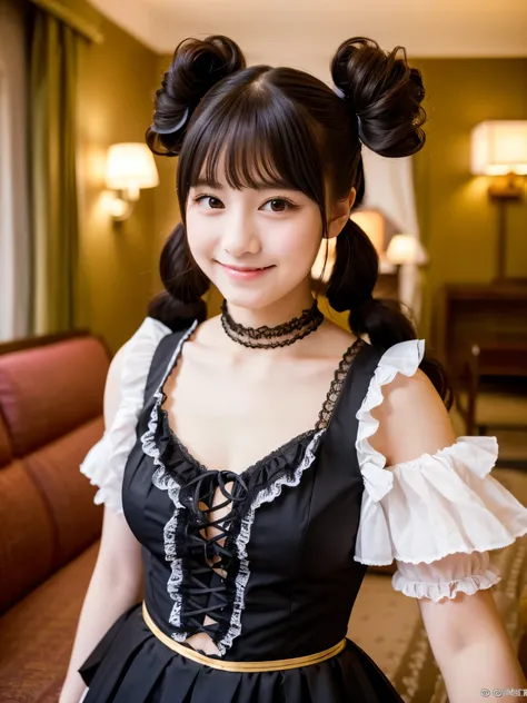 ((whole body))　Cute face like a 15-year-old idol　Smiling Kindly　Gothic Lolita in Japan　Cosplay　Frills　Cleavage　Her hairstyle is twin tails.　Hotel Living Room　stand　morning　RAW Photos　High resolution　Genuine　Live Action　Accurate depiction　Realistic