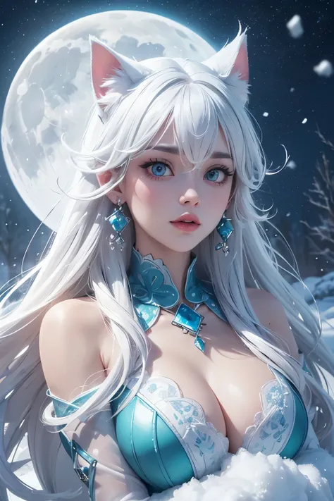 A extremally cute white frosty cat with curly white mustache and goatee, blue-green mother of pearl eyes, deep in the frosty snow of winter, blowing snow, snowy haze, a full moon, a deep river, and a mysterious image. Its night but its bright. frosty looki...