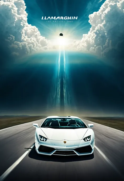 Album poster of a Lamborghini car coming from heaven towards the screen. Album name The Arrival of God