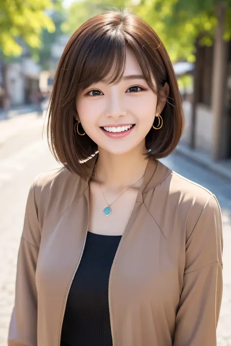 Beautiful young woman、 Korean women、Light brown hair、Black Hair、short hair、ear piercing、Necklace around the neck、blouse、Jacket、smile、Laughing with your mouth open、Beautiful teeth alignment、Intricate details, Very detailed:1.2), 、 Looking into the camera,Th...