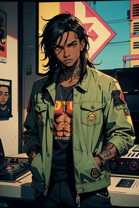 GTA style, Vice City, VCS, loading screen, radio station, DJ, Wave 103, host; male, femboy, dark skinned, African, messy long hair, tattoos, olive drab cargo jacket, African symbols