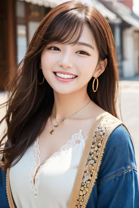 Beautiful young woman、 Korean women、Light brown hair、Black Hair、ear piercing、Necklace around the neck、blouse、Jacket、smile、Laughing with your mouth open、Beautiful teeth alignment、Intricate details, Very detailed:1.2), 、 Looking into the camera,The backgroun...