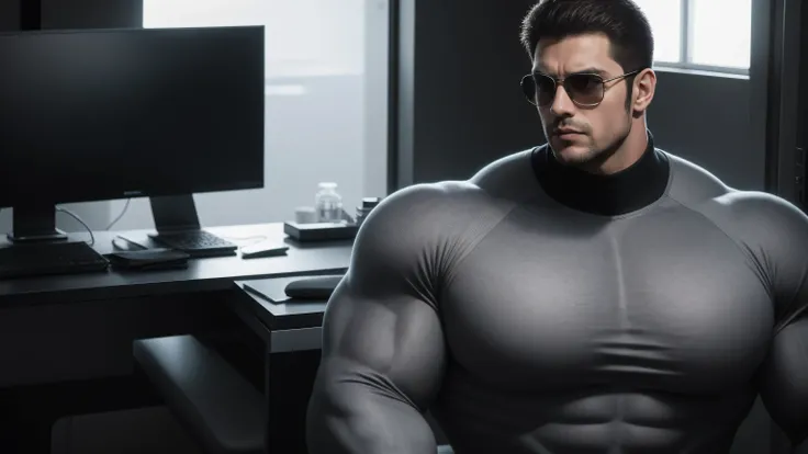 1 super muscular man,  He wears sunglasses，suit，Sitting in the office，Working on a laptop with a focused look，He wears sunglasses，Buzz Cut，In a luxurious office, Wear a long-sleeved high-necked cream-colored tights, Wear it over a suit，tie，Thickened warm e...