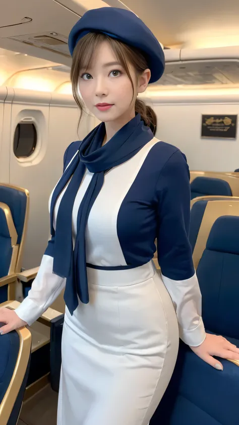 (8k, best quality, masterpiece, golden ratio composition,:1.3), (Zoom out shot:1.2), (A beautiful Japanese mature woman dressed in a classic flight attendant uniform, uniform is navy blue with a matching small beret, white blouse, red neck scarf, neatly st...