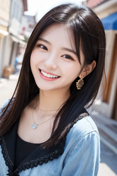 Beautiful young woman、 Korean women、Black Hair、ear piercing、Necklace around the neck、blouse、Jacket、smile、Laughing with your mouth open、Beautiful teeth alignment、Intricate details, Very detailed:1.2), 、 Looking into the camera,The background is the town