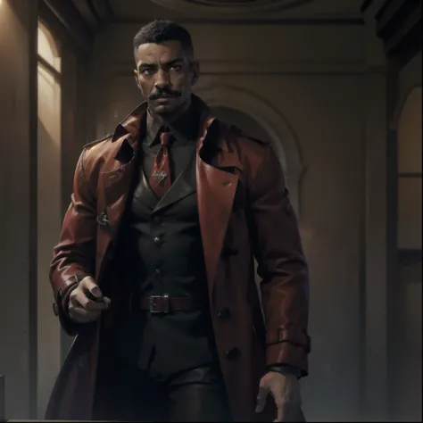 Resident Evil style, ((well-lit)), ((solo)), 32 year old male, African-American, fade haircut, brown eyes, moustache, ((red trenchcoat)), black slacks, mansion background