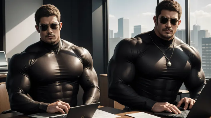 1 super muscular man,  He wears sunglasses，Coffee-colored tights，Sitting in the office，Working on a laptop with a focused look，He wears sunglasses，Buzz Cut，In a luxurious office, Wear a long-sleeved brown turtleneck tights, Wear it over a suit，tie，Thickene...