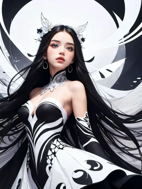 brand collection, fashion brand theme, highly detailed, beautiful, masterpiece, best quality, Geometric style abstract beauty,1 girl,, approaching perfection, digital painting, artstation, concept art, illustration, white and black colors, swirling pattern...