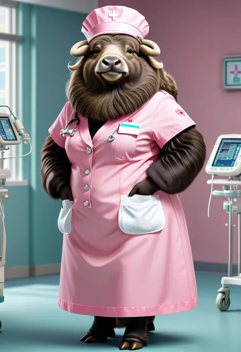 photorealistic portrait of Dressed animals - a ((fat)) musk ox nurse,(elegant pose:1.2),(hands in pockets:1.5), (elegant smile:1.2),high quality,(lovely) ,intricate details, highly detailed (( pink nurse costume)), wearing nurse cap and skirt , highly deta...