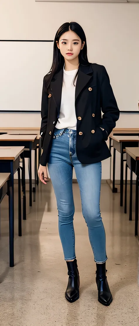 (Full body portrait:1.5)、Pretty Girl Pose、Sharp Focus、boots、The background is the classroom、A very childlike 20-year-old who looks 13、Black Hair、Very childlike、Jacket、shirt、Skinny jeans