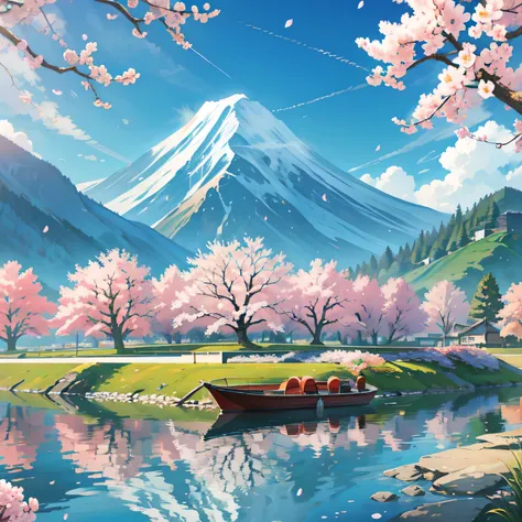 A spring landscape inspired by Japanese art, with a flowering field filled with cherry blossoms. The sun shines in the clear blue sky, illuminating the landscape with a soft light. On the bank of the river, there is a small red boat anchored, swaying gentl...