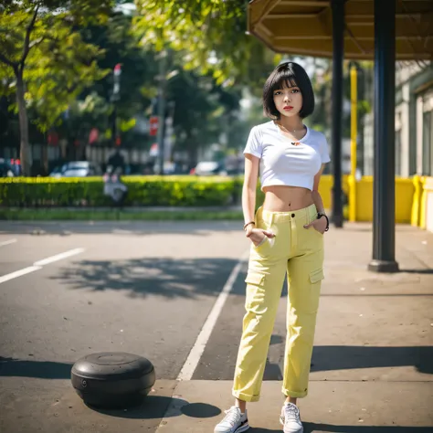 professional, realistic, high level of detail, full body photo of 18 years old woman, korean, tight cargo pants, (white crop top...