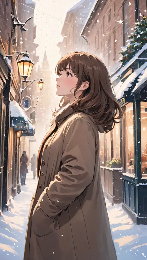 1 woman standing, look up at the sky, /(stylish clothing/), mature woman, /(brown hair/) bangs, blush  (eyes sparkling with fasc...