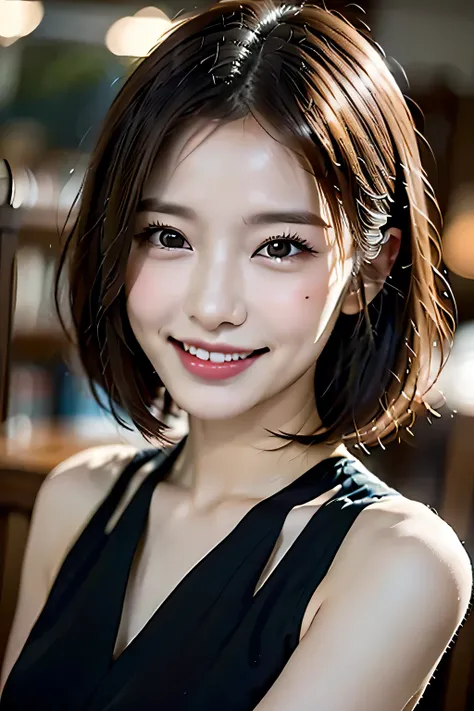 Beautiful details,(((Expressing happiness with a smile:1.3))), (suit:1.3), (Natural Lip), Natural Hair, Natural Makeup,(((library:1.3))),Skimpy skirts、(Reddish brown wet shiny hair)、(short hair)、hairpin、hair ornaments、Blushing、Pointed red mouth、Big Breasts...