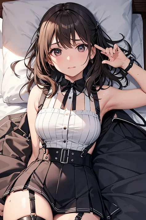 Staring at the audience　　　Black suspenders　　　bulging big breasts　　 　 　　　wall 　mini skirt　garterbelt　garter　　　　　　sight　　　Small face　 　　　holster　　　Beautiful woman　　Show your hand　　 Lying in bed　　sight 　　Taunt　side　side汗 　arm　　belt　summer　Armpit sweat