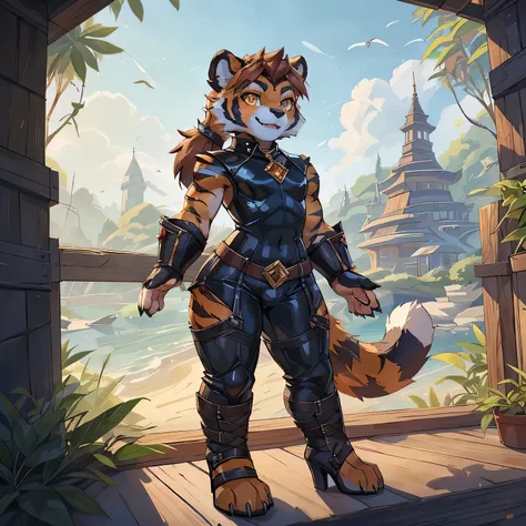 (4fingers), small_round_ears, small_panda_ears, pandaren, world_of_warcraft, furry, anthropomorphic, fluffy_tail, foxtail, cfemale, claws, red_panda, tiger_stripes, tiger_face, flat_chested, short_stack, teen, teenager, amber_eyes, (pupils), (tiger_legs), ...