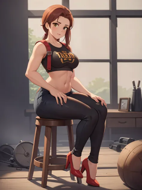 brigitte overwatch , thighs, full body, red high heels, nude tits, sitting, black jeans pants, wide hips