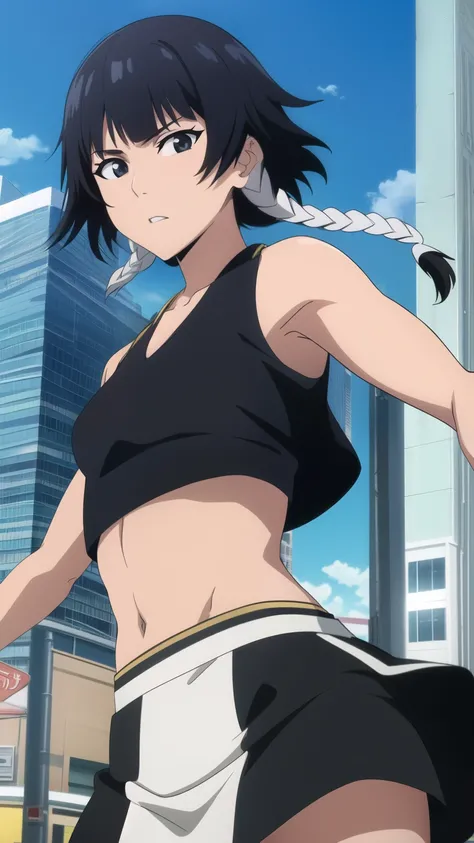 soifon, soifon, short hair, bangs, black hair, short hair with long locks, (black eyes:1.2), small breasts,(slender:1.2),Glare, (crop top, mini skirt,city:1.2), 
dynamic pose, dynamic angles, looking at viewer,
 (masterpiece best quality, 8k:1.2),(anime), ...