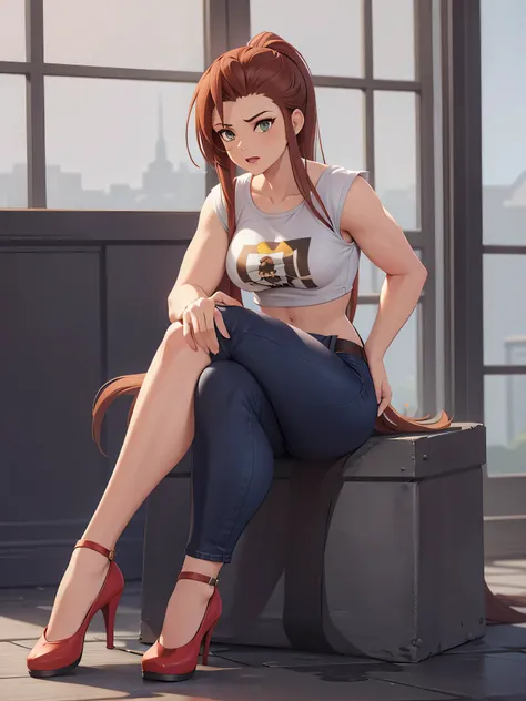 brigitte overwatch , thighs, full body, white high heels, nude tits, sitting, blue jeans pants, wide hips