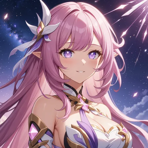 ai-generated,very aesthetic,1girl,elysia_/(herrscher_of_human:ego/)_/(honkai_impact/),pointed_ears,pink_hair,dreamy anime fantasy background,raytracing,light purple eyes,pink diamond pupils,floating,light particles,dsmile,starry sky, shooting stars,celesti...