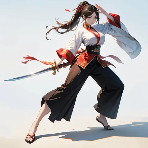 Upscaling, Busty woman, Orientalism, martial arts, Chinese style straight sword, woman waving her skirt.