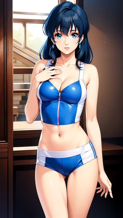 lynnminmay, 1girl, solo, black hair, cowboy shot, ultra-detailed, best quality, masterpiece, illustration, game cg, cleavage, mi...