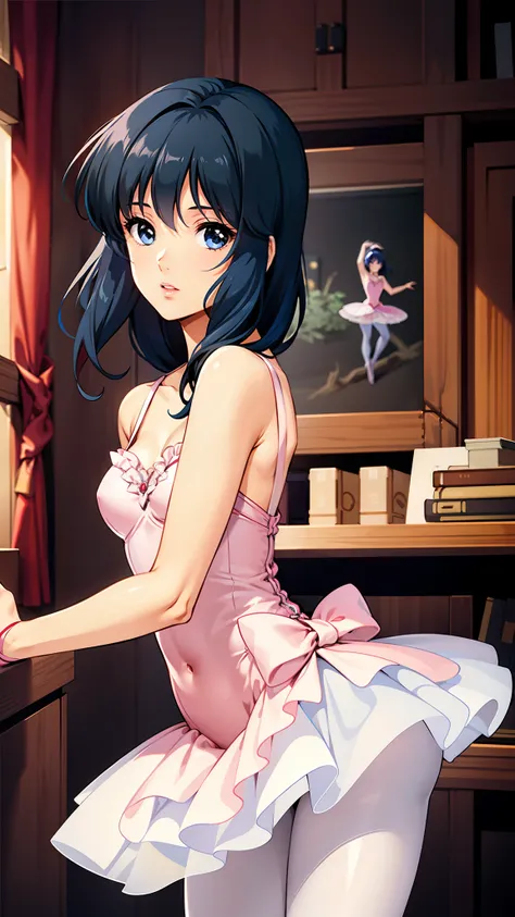 LynnMinmay, 1girl, solo, black hair, cowboy shot, ultra-detailed, best quality, masterpiece, illustration, game cg, ballerina, tutu, pantyhose