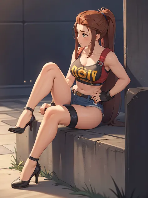 brigitte overwatch , thighs, full body, high heels, nude tits, sitting, blue jeans pants, wide hips