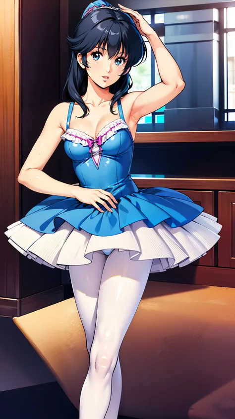 LynnMinmay, 1girl, solo, black hair, cowboy shot, ultra-detailed, best quality, masterpiece, illustration, game cg, ballerina, tutu, pantyhose