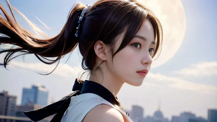 A 20-year-old Japanese woman with a beautiful profile like a popular actress。For crystal clear white skin、A slightly sad expression, as if she had been heartbroken。Her very long and beautiful hair is impressive.。Wearing the latest fashionable clothes。A lar...