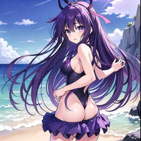 1girl,alone,tohka yatogami,headband,(purple eyes: 1.1),purple hair,long hair,headband,dark purple swimsuit,dark purple two-piece swimsuit,cleavage,dark purple bra,purple thong dark, big breasts, medium waist, wide hips, medium thighs, round butt, sexy body...