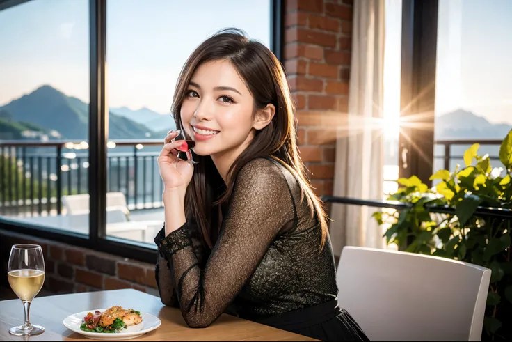 ((highest quality、8k、masterpiece:1.3))、Ray Dan lookalike beauty、1 male、1 female、Couple、Spouse、half、The body is slim、((Bob Hale、Straight hair:1.2)), (Realistic, Intricate details:1.2), Wine glass on the table、Shine light on your face、 Amazing view of the su...