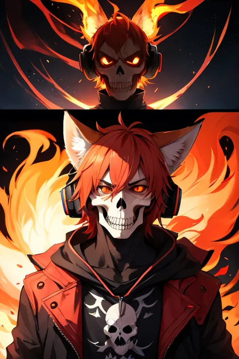 Create an anime-style close-up shot of an anthropomorphic male fox characters face that undergoes a dramatic transformation into a laughing, flaming skull. Initially, depict the vibrant and expressive face of the male fox, with detailed fur, sharp, intelli...