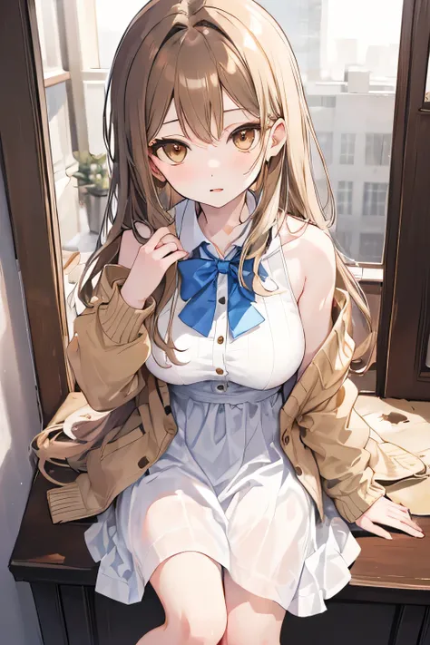 Anime, teenage girl, big breasts, Long hair light brown color., light brown eyes, Wear a cardigan that shows off your shoulders., wearing a white dress, smooth white skin, Looks very cute, Gentle and neat personality, Shy, Agasshi., Small and short