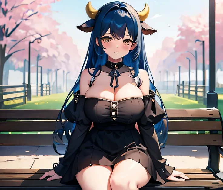 1girl, cow girl, huge , bell on neck, front view, full body image, 4k, blue hair, yellow eyes, cow tail, blush, black dress, sit on bench, stocking, masterpiece,looking at viewers, 