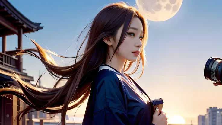 A 20-year-old Japanese woman with a beautiful profile like a popular actress。For crystal clear white skin、A slightly sad expression, as if she had been heartbroken。Her very long and beautiful hair is impressive.。Wearing the latest fashionable clothes。The b...