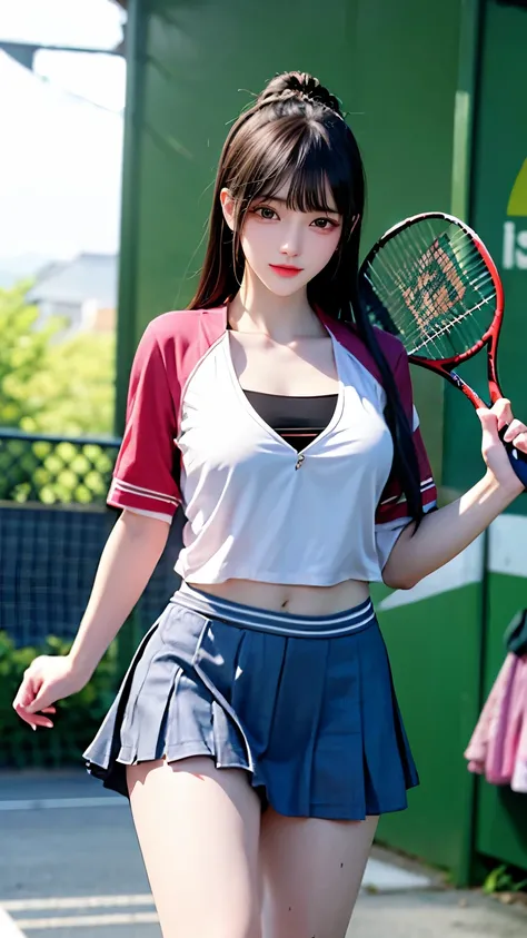 （Very delicate and beautiful：1.2）super model,,Big Breasts,Beautiful breasts,voluptuous,【bike shorts】,,【3girls】,,highest quality, High resolution, 8K,Kick in a hurry,Tennis Wear.mini skirt