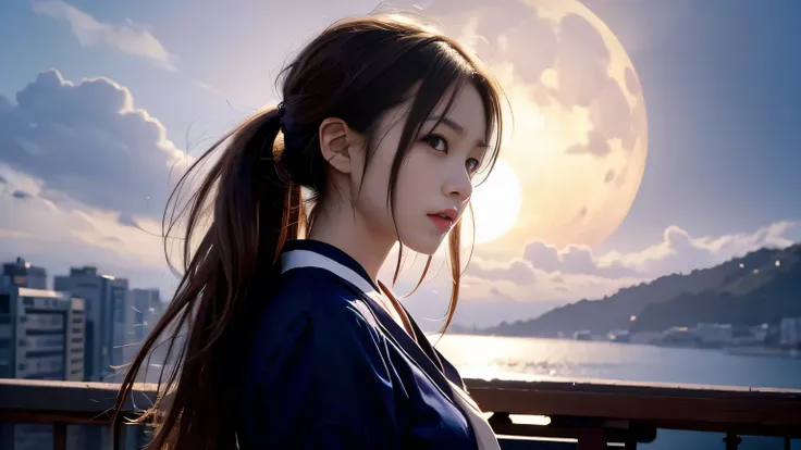 A 20-year-old Japanese woman with a beautiful profile like a popular actress。For crystal clear white skin、A slightly sad expression, as if she had been heartbroken。Her very long and beautiful hair is impressive.。Wearing the latest fashionable clothes。The b...