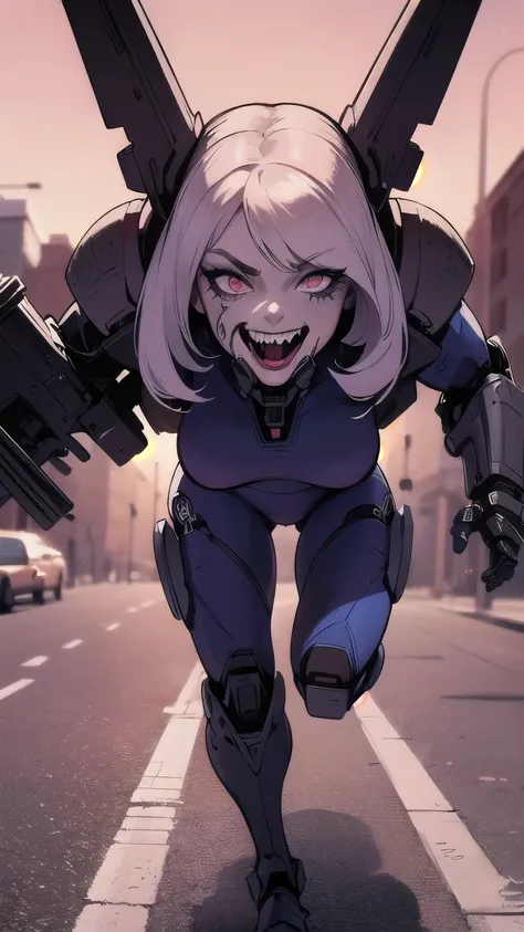 (Full Shot) (Full Body) Beautiful symmetrical face in detail, symmetrical body, clown in armor running, DC Comics Style, Anime Style, Alien Woman Illustration Style, Rotten Female Cyborg, Gunslinger Alien Running, Rotten Style Cyborg Alien, Gunslinger in A...