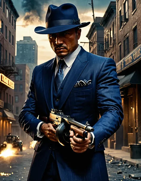 masterpiece, best quality, hires, 1man, solo, solo focus, mobster with dark blue three-piece suit, using tmmygn submachine gun, ...