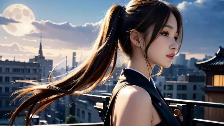 A 20-year-old Japanese woman with a beautiful profile like a popular actress。For crystal clear white skin、A slightly sad expression, as if she had been heartbroken。Her very long and beautiful hair is impressive.。Wearing the latest fashionable clothes。The b...